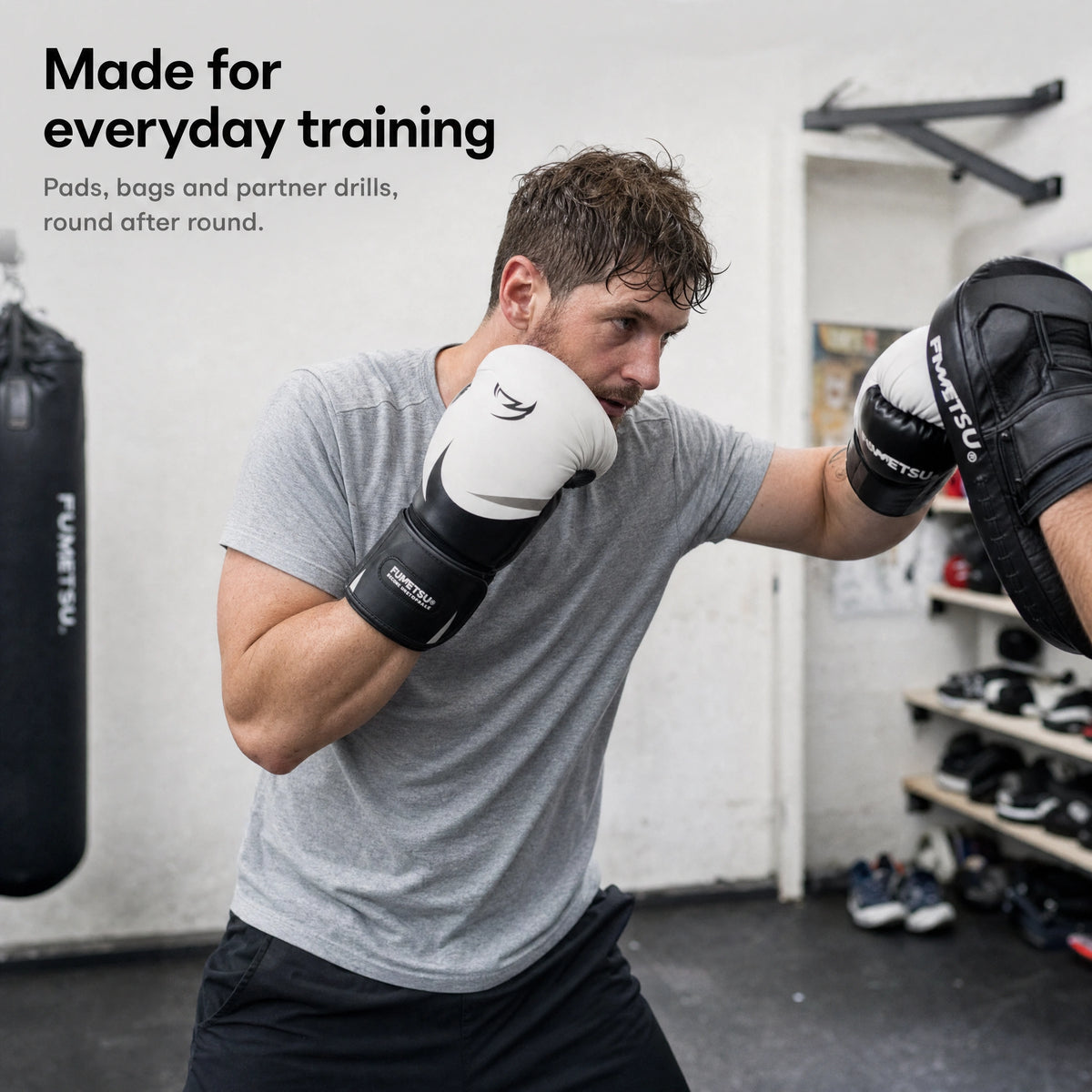 Fumetsu Ghost S3 Boxing Gloves White/Black/Grey — training