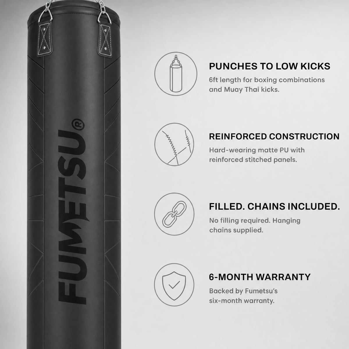 Features — Fumetsu Icon 6ft Black/Black punch bag
