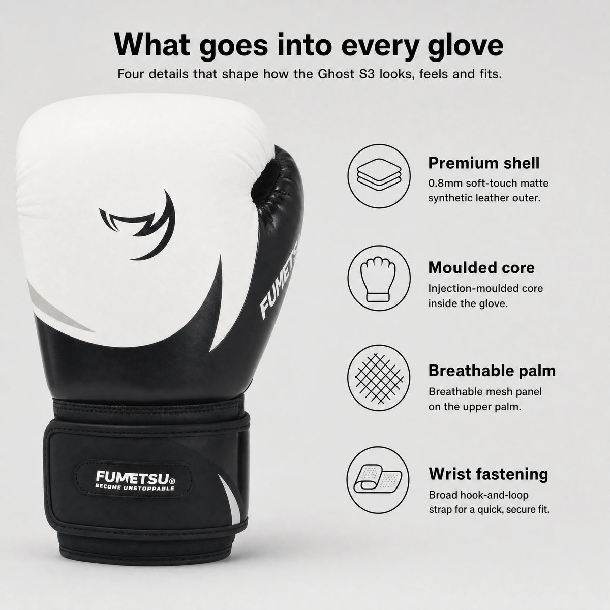 Fumetsu Ghost S3 Boxing Gloves White/Black/Grey — features