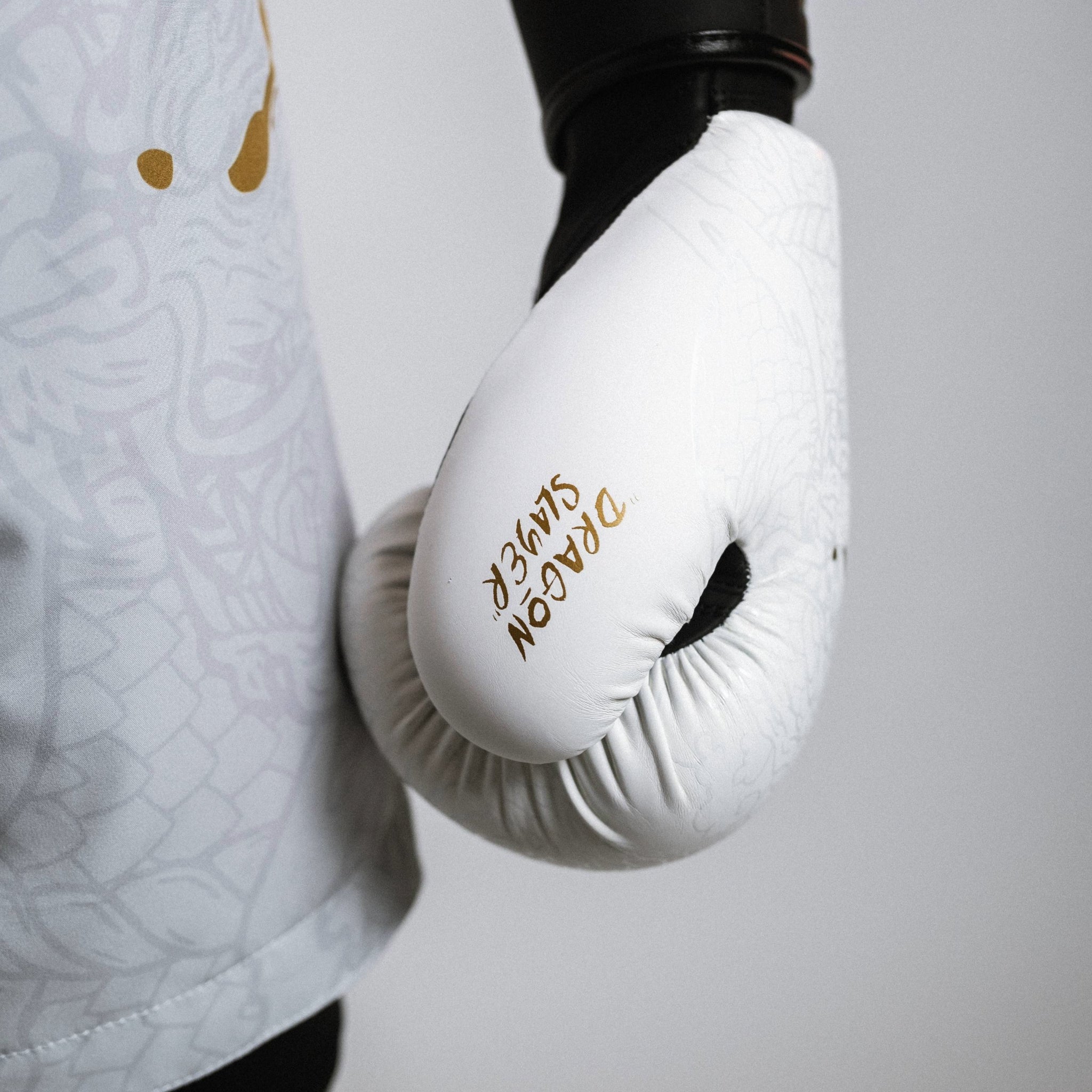 Dragon Slayer Boxing Gloves White Gold Text