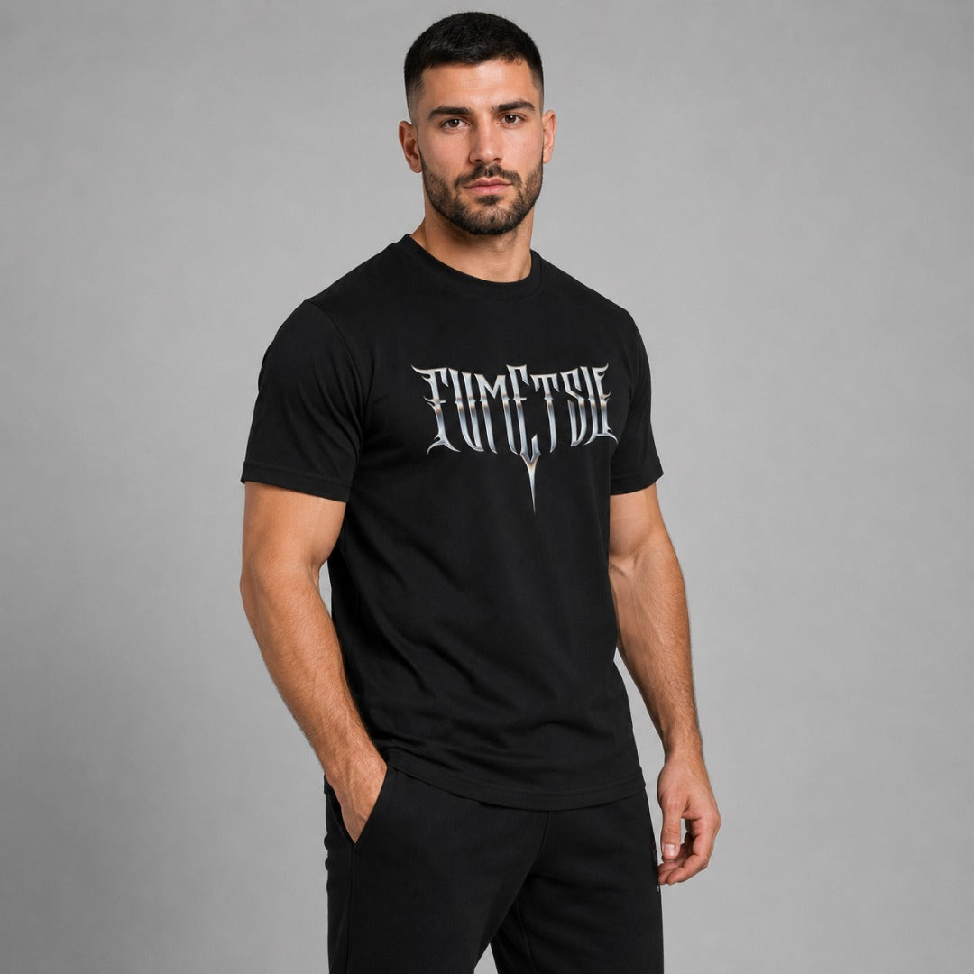 Fumetsu Brushed Metal T-Shirt Black Lifestyle side