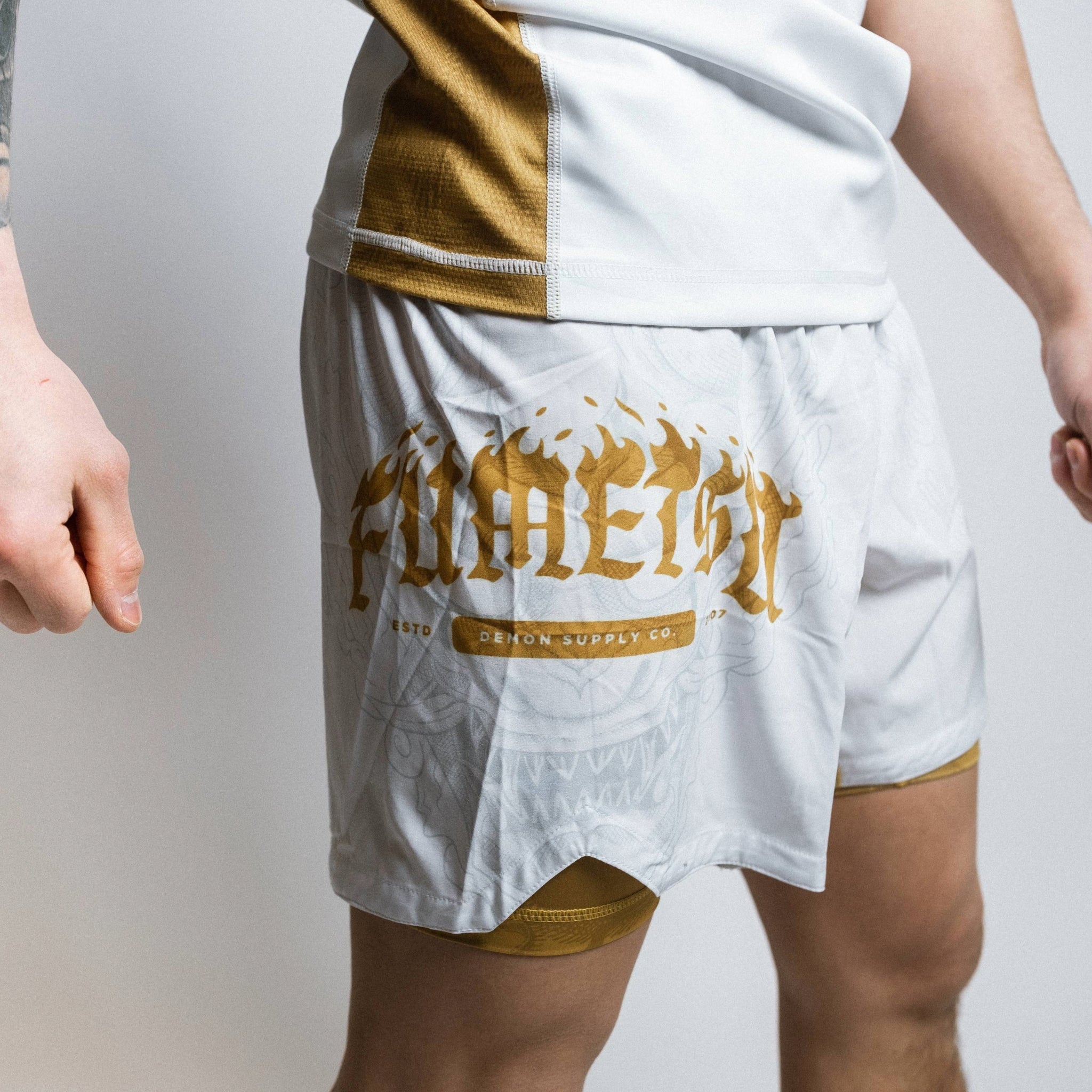 Oni Dual Layer Shorts White/Gold/Grey Close Up