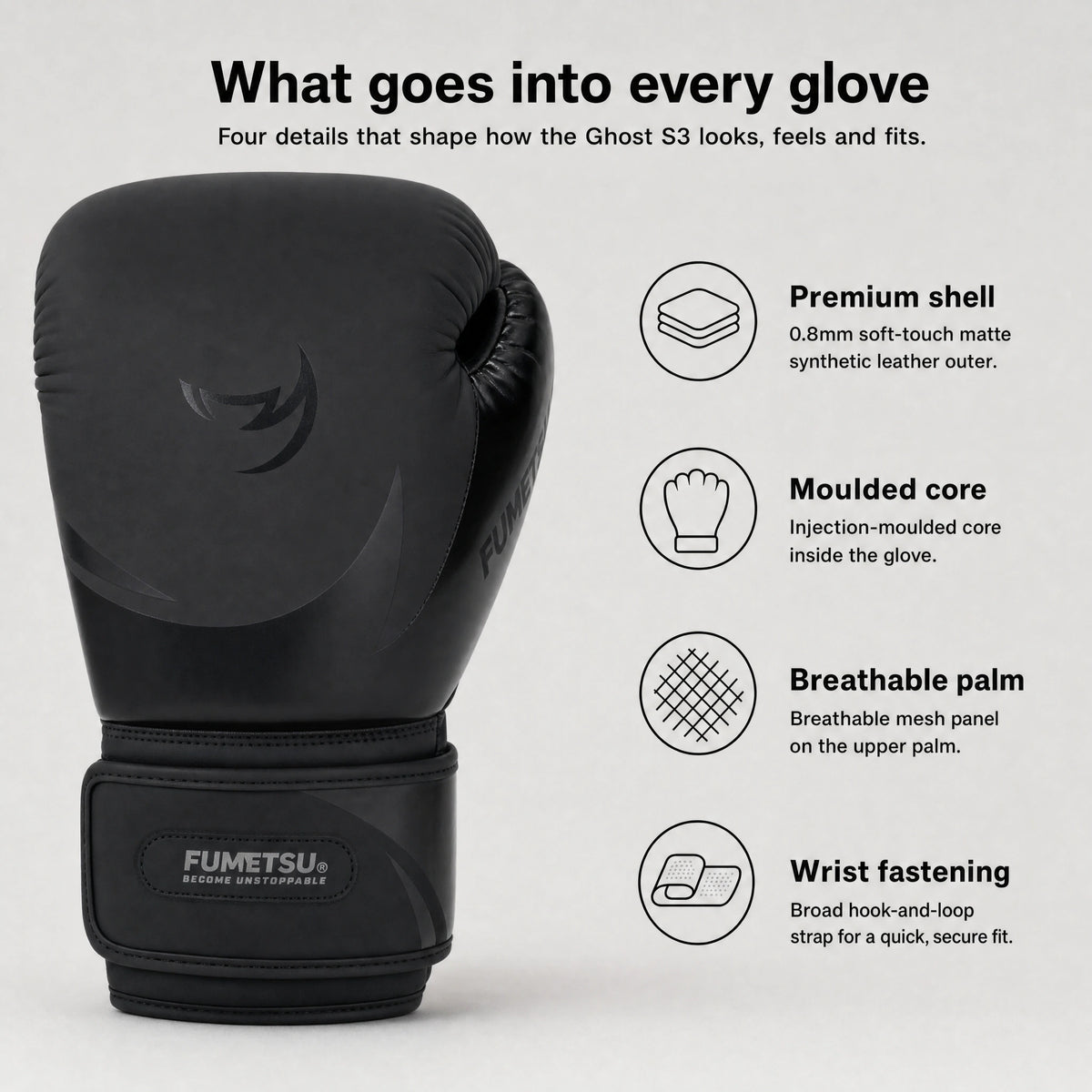 Fumetsu Ghost S3 Boxing Gloves Black/Black — features