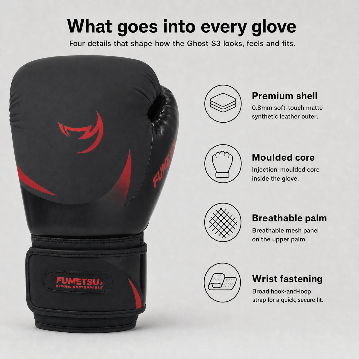 Fumetsu Ghost S3 Boxing Gloves Black/Red — features