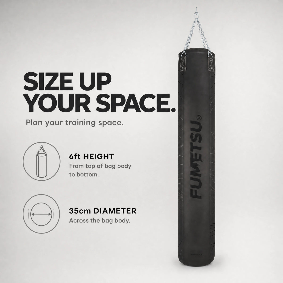 Dimensions — Fumetsu Icon 6ft Black/Black punch bag