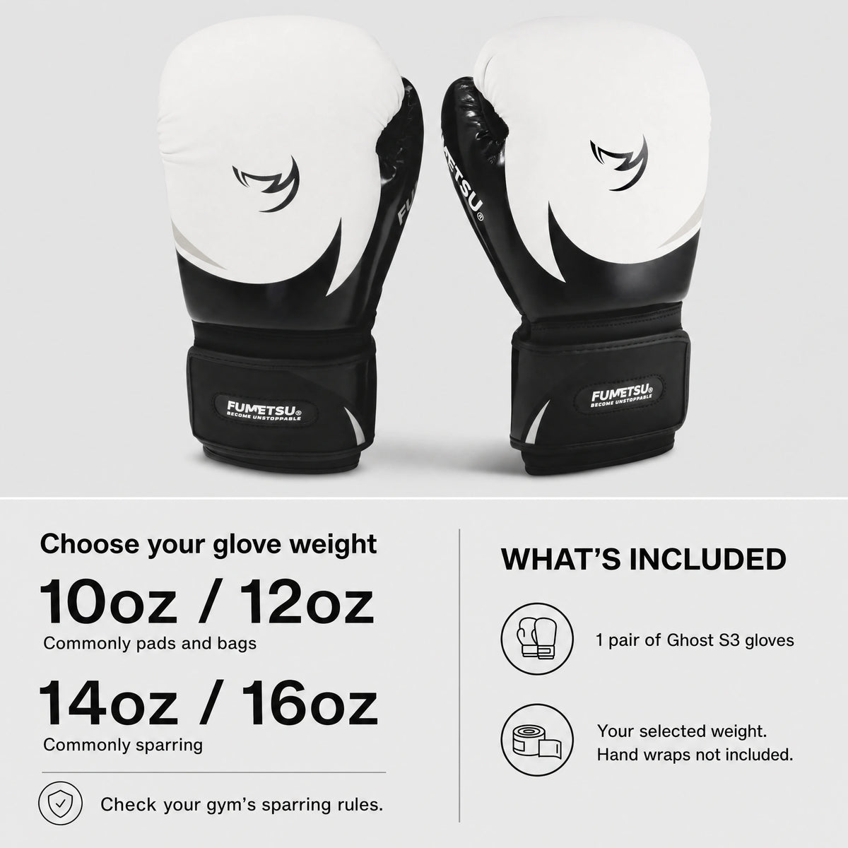 Fumetsu Ghost S3 Boxing Gloves White/Black/Grey — weight and contents