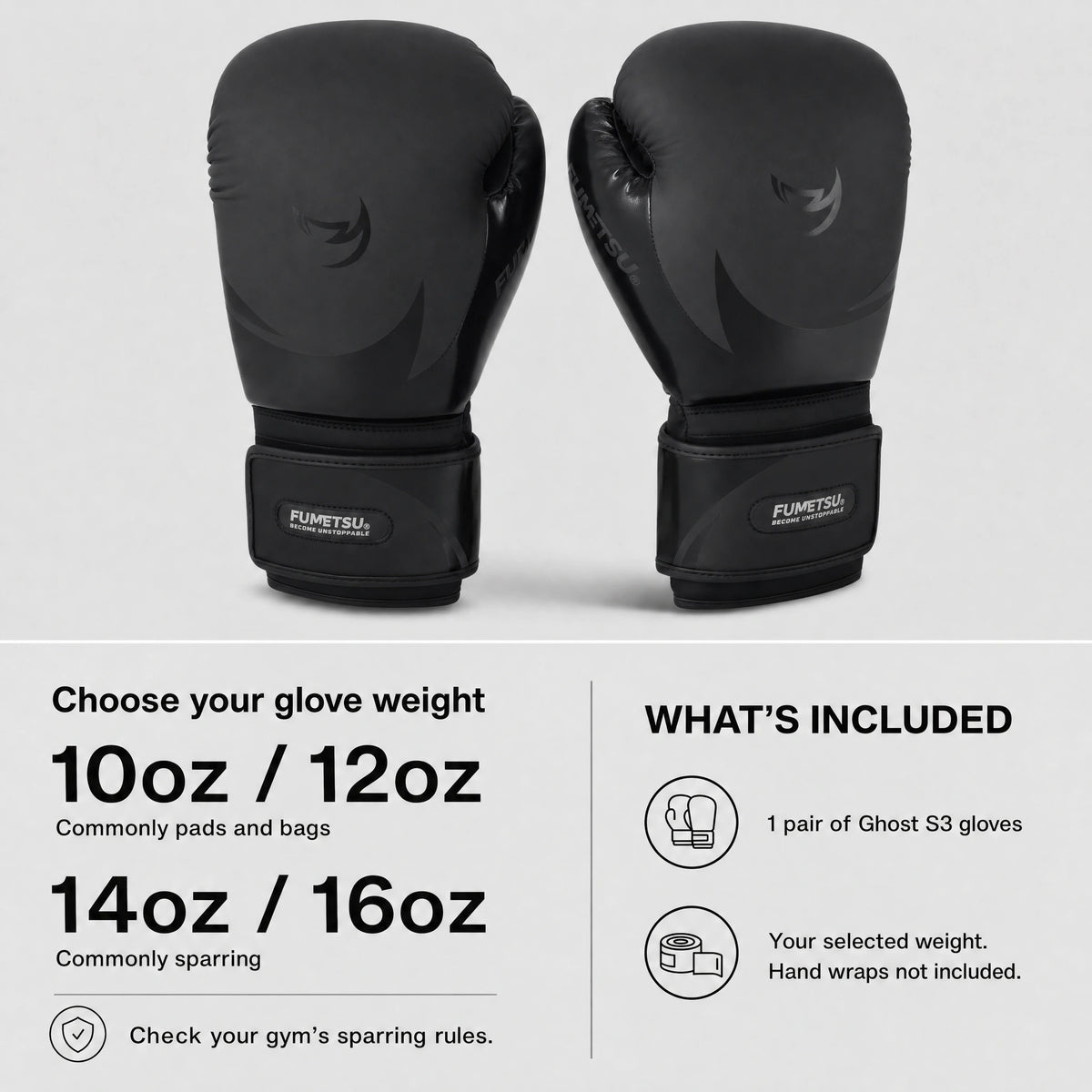 Fumetsu Ghost S3 Boxing Gloves Black/Black — weight and contents