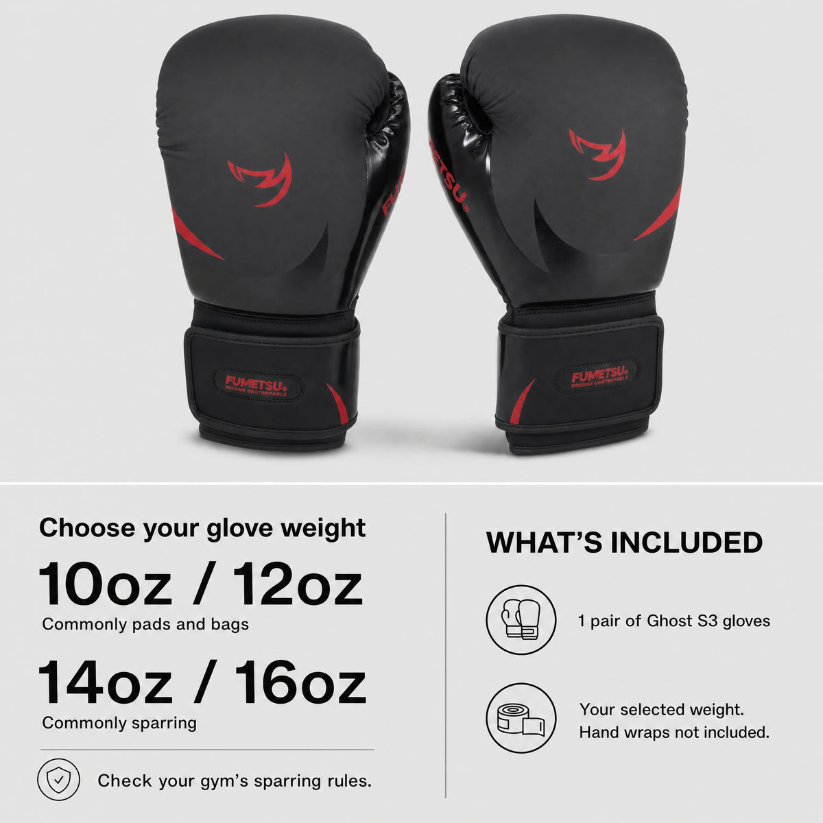 Fumetsu Ghost S3 Boxing Gloves Black/Red — weight and contents