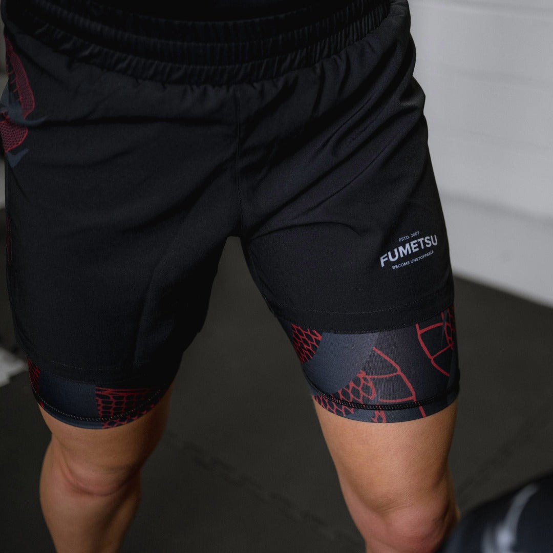 Short de combat double couche Anaconda noir/rouge pour femme