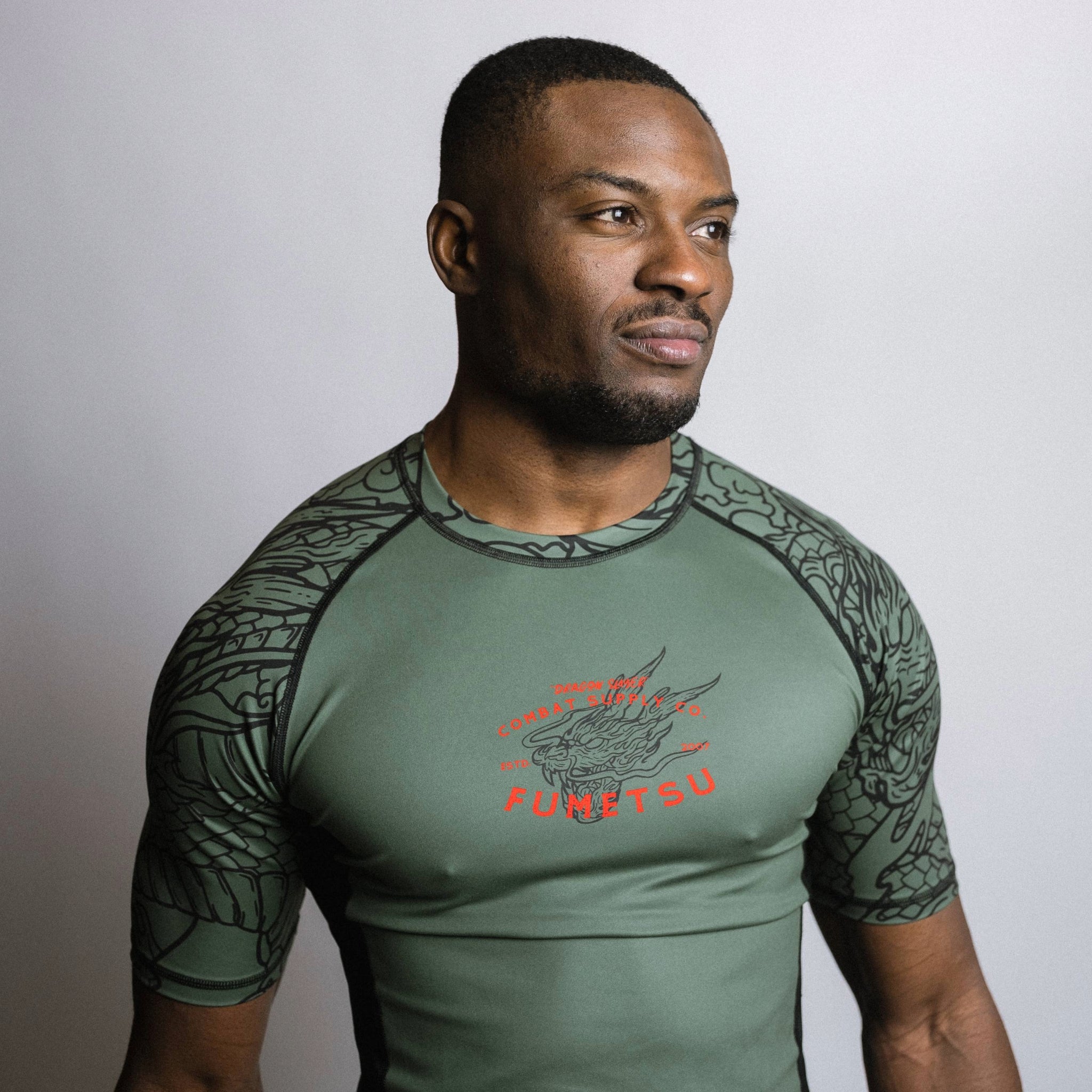 Dragon Slayer Short Sleeve Rash Guard Khaki/Orange Front Close Up
