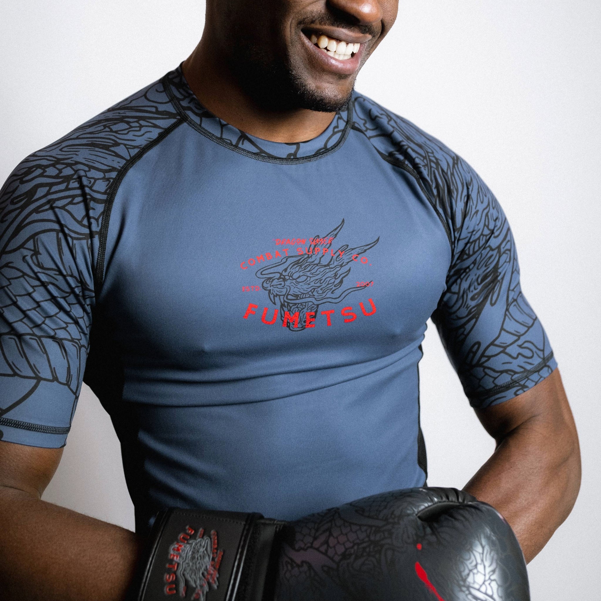 Dragon Slayer Short Sleeve Rash Guard Blue/Black/Red Close Up